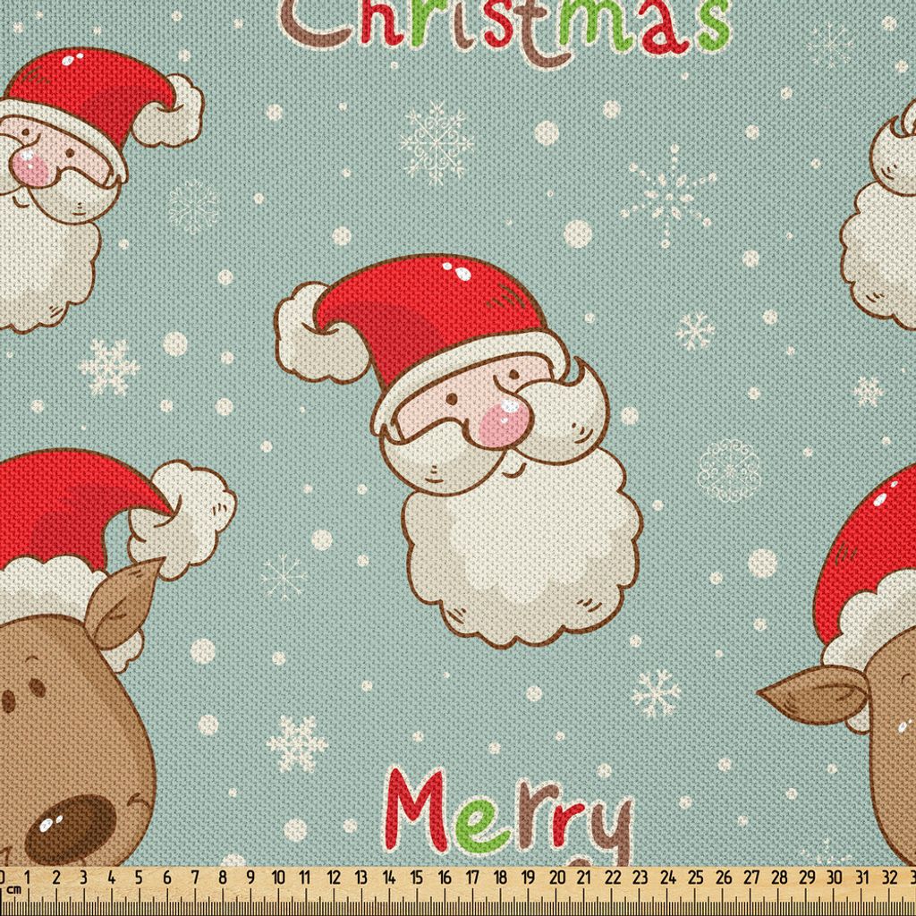 ABAKUHAUS Weihnachten Satin Stoff als Meterware, Santa Claus und sein Elch Reh die Ihre Feiertag Karikatur Schneeflocken feiern, 3 M (148 x 300 cm)...
