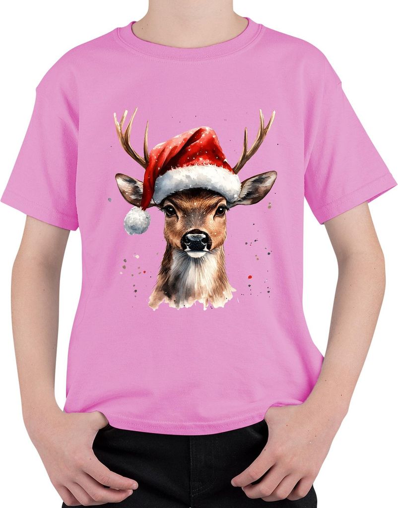 Weihnachtsrentier Aquarell Nikolaushut Geschenk Vintage lustig Uni Kinder T-Shirt, Pink, 104