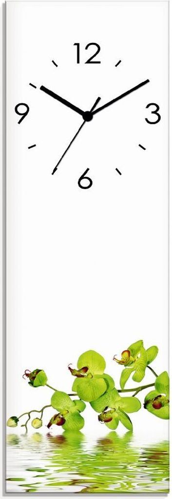 ARTland Glas Wanduhr Funkuhr - schwarzer Zeiger Schöne Orchidee mit grünem Hintergrund Größe: 20x60 cm
