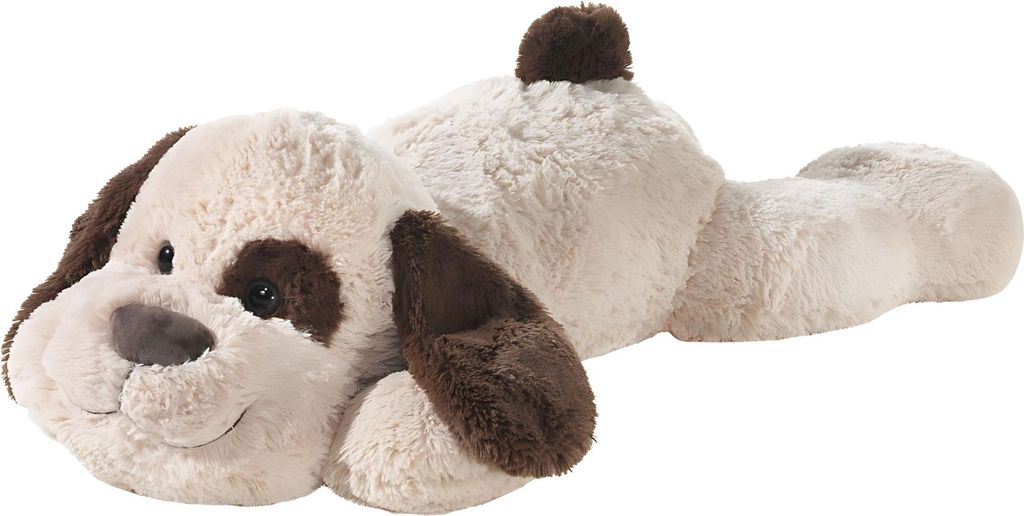 A plush toy dog lying down on a white background.