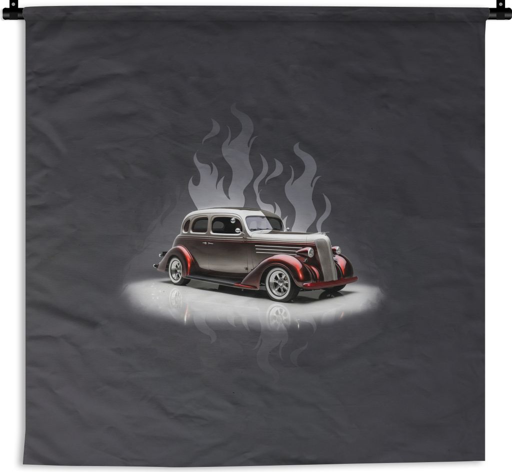 MuchoWow Wandteppich Wandbehang Auto - Schnee - Flammen - Vintage 60x60 cm Tapisserie Dekoration Wandtuch - Dekorationen - Wand Decke