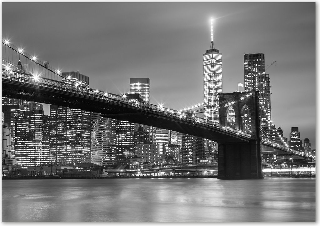 Tulup Leinwandbild - 100x70 cm - Wandkunst - Drucke auf Leinwand - Leinwanddruck - Landschaften - Schwarzweiß - New York bei Nacht