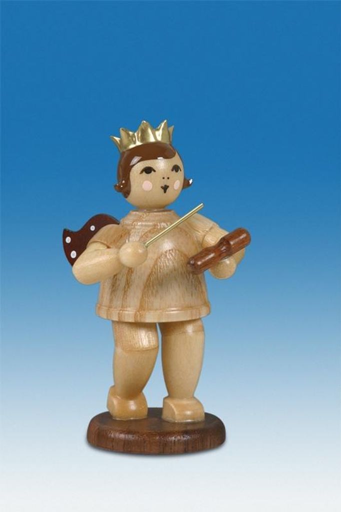 Holzfigur Musikengel mit Holzblocktrommel und Krone Höhe 6,5cm NEU