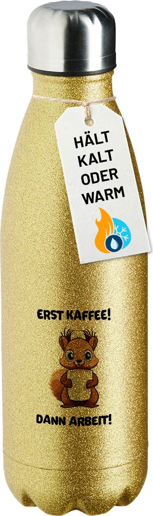 Huuraa Trinkflasche Erst Kaffee dann Arbeit Eichhörnchen 500ml Gold Edelstahl Wasserflasche Trinkflasche Geschenkidee