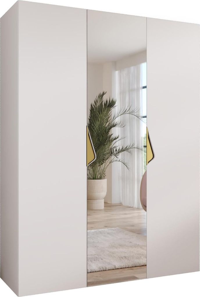 MEBLE KRYSPOL Schrank 150x202x52 cm mit Kleiderstange & Spiegel, 3xTür, SANDI, Weiß, Griff Gold