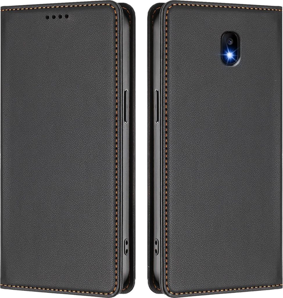 Handyhülle für Samsung Galaxy J5 2017, Kunstleder Klapphülle Stoßfeste Magnetische Hülle mit Ständer Schwarz