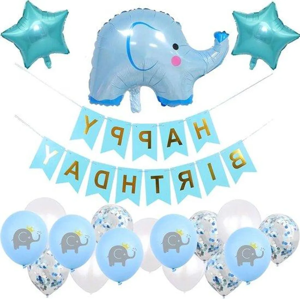 Ballons éléphants et guirlande Happy Birthday pour fête garçon, 32 pcs
