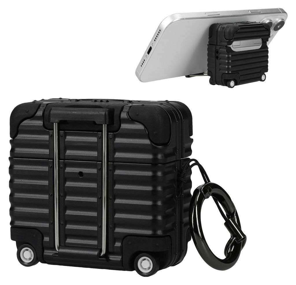 kwmobile Kopfhörer Case mit Koffer-Design kompatibel mit Apple Airpods 4 Hülle - In-Ear-Kopfhörer Cover mit Handy Ständer - Schwarz
