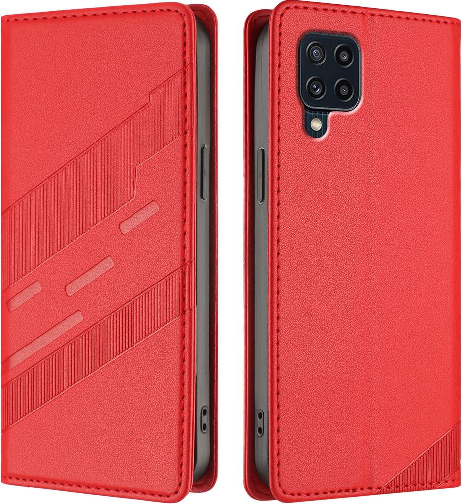 Hülle für Samsung Galaxy M32 4G, Kunstleder Brieftaschen Handyhülle mit Kartenfach und Standfunktion Rot