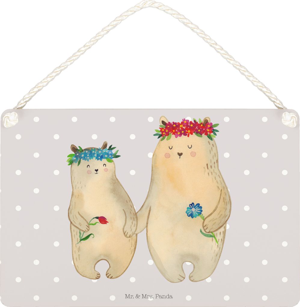 Mr. & Mrs. Panda Deko Schild Bären mit Blumenkranz DIN A5 - Grau Pastell - Geschenk, Muttertag, Wandbild Holz, wandtafel, Mama, hängeschild, Lieb...