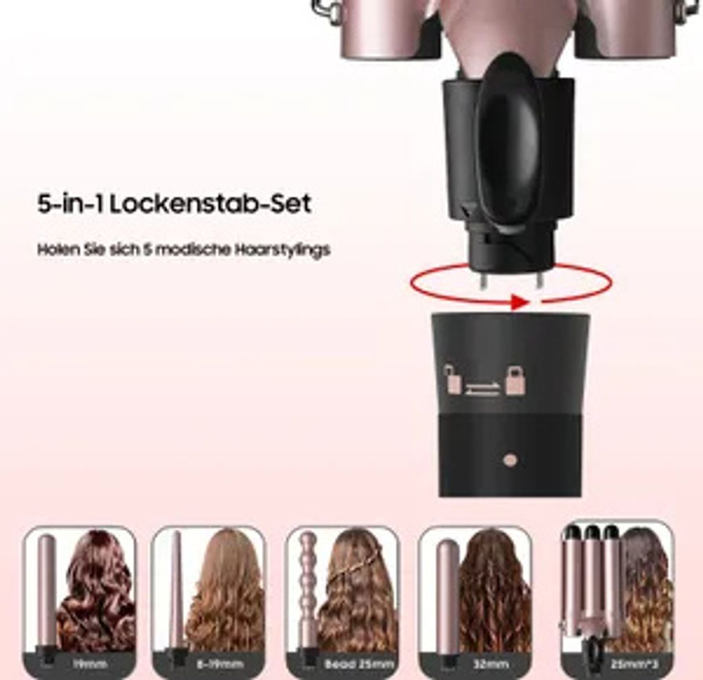 Lockenstab set 5 in 1 mit 3 Fässer Welleneisen Lockenstäbe Produktbild 7