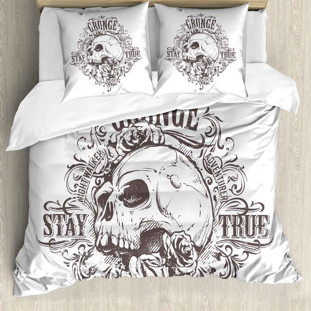 ABAKUHAUS Copripiumino Grunge, Teschi e rose sporche, Antiacaro, Adatto a chi soffre di allergie, con federe, 200 cm x 200 cm - 80 x 80 cm, Bianco e nero