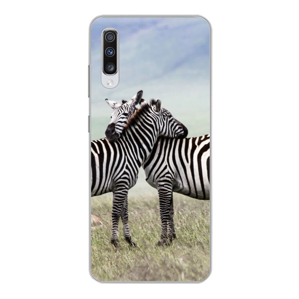 MuchoWow Handyhülle Schutzhülle Hülle für Samsung Galaxy A70 Zebras - Gras - Schwarz - Weiß Silikon Softcase Handy Hülle - Schutzhaube