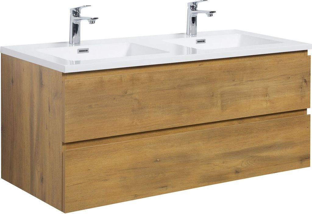 Badplaats Badmöbel Set mit Waschbecken und Unterschrank Angela 120 x 48 cm Eiche - Waschbeckenunterschrank mit Soft-Close und Doppelwaschbecken, V...