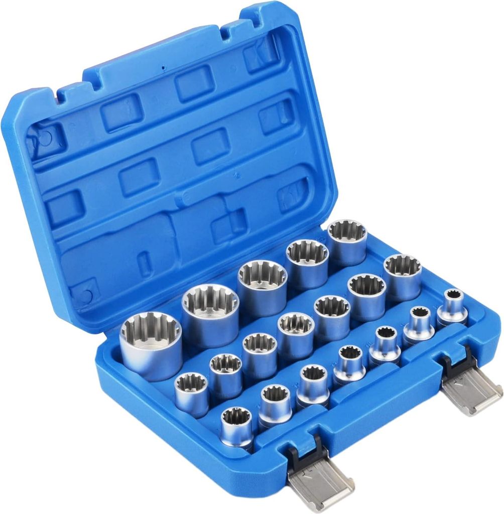 19-teilig 1/2' XZN Vielzahn-Mutterset - Steckschlüsselsatz 8-32 mm - Mutterbox Steckschlüssel für 6/12-Kant Spline