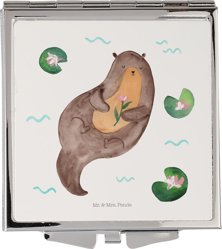 Mr. & Mrs. Panda Kosmetikspiegel Otter Seerose - Weiß - Geschenk, Quadratischer Spiegel, Seeotter, Schminkspiegel, Reise, Wasser, Kleiner, Fluss, ...