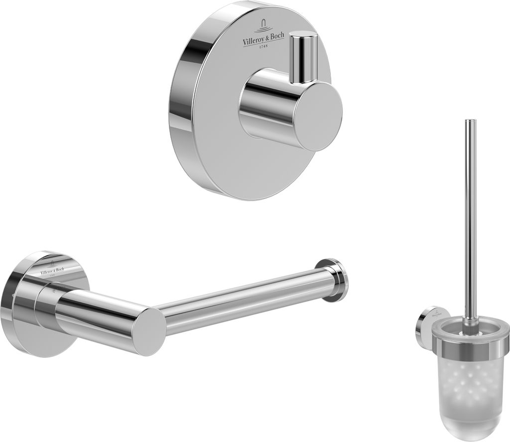 Villeroy & Boch Elements Tender Badaccessoire-Set, 3-in-1, Handtuchhaken, Toilettenpapierhalter & Bürstengarnitur, Chrom