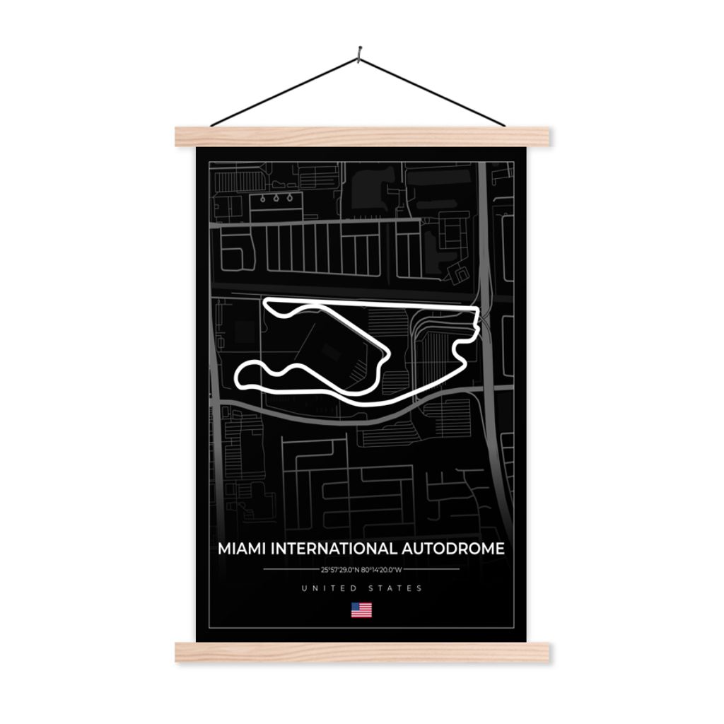 MuchoWow Textilposter Rennstrecke - Vereinigte Staaten - Formel 1 - Miami International Autodrome - Rennstrecke - Schwarz 120x180 cm mit holzfarb...