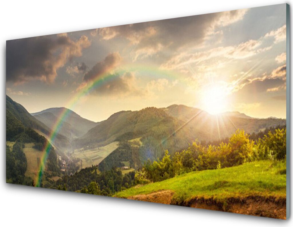 Küchenrückwand aus Glas 100x50cm Spritzschutz Regenbogen Gebirge Landschaft