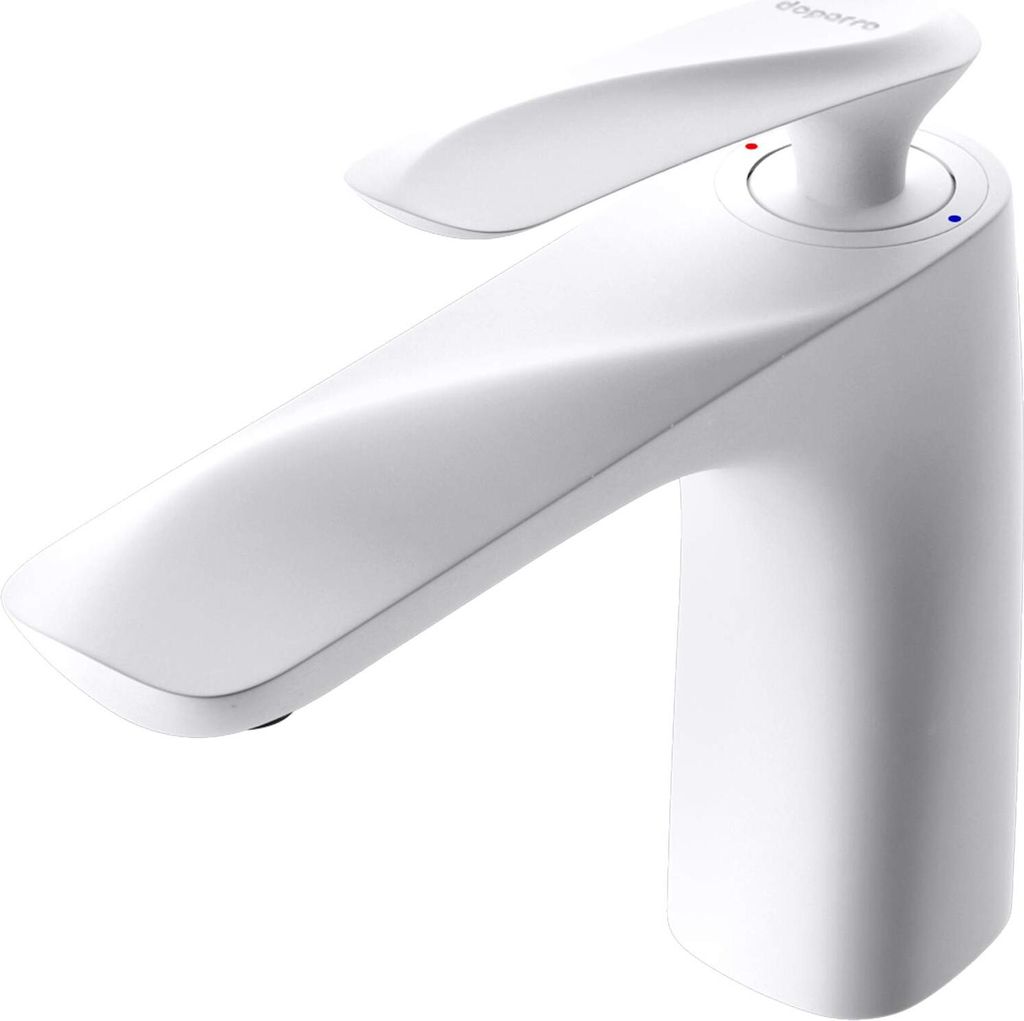 A white single-lever faucet for a washbasin, shown from a side-front angle against a white background.