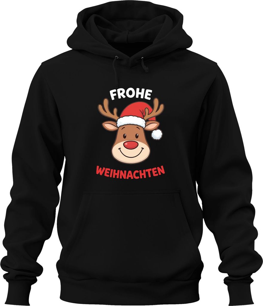 FROHE WEIHNACHTEN Rentier Weihnachtsmütze Cartoon Lustig Kinder Uni Hoodie Kapuzenpullover, Schwarz, 3XL