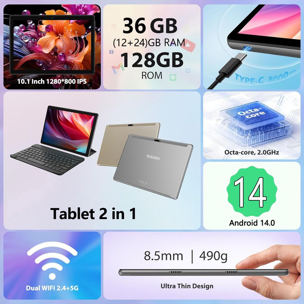 TOSCIDO Tablets 10 Zoll mit Tastatur und Maus, Android Produktbild 5