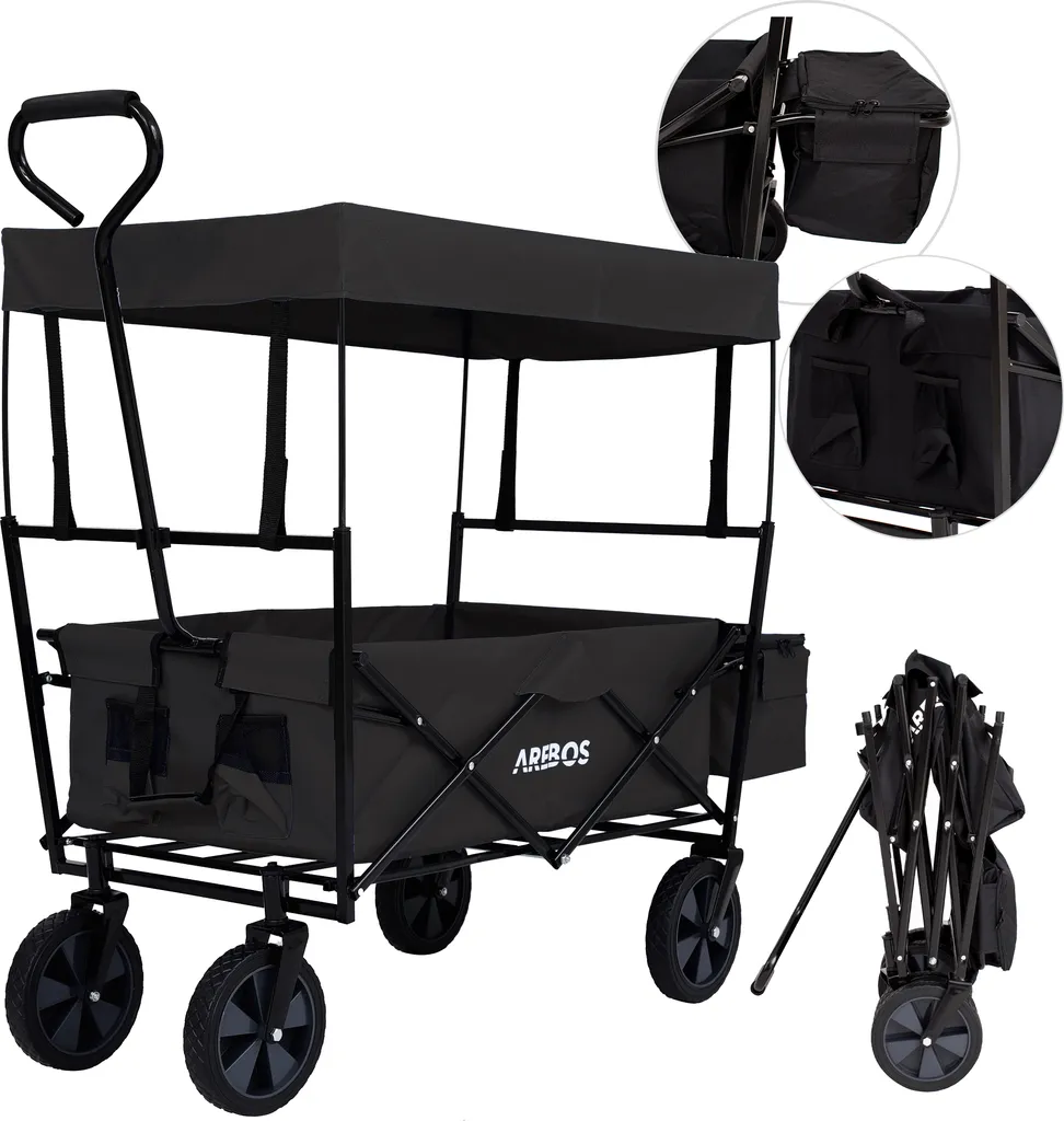 Chariot de Transport Pliable Noir avec Toit de Protection et Poches Mesh