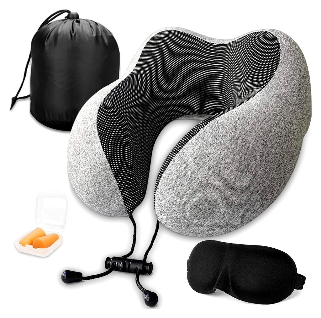 Memory Foam Reise Nackenkissen Flugzeug Nackenhörnchen Auto Reisekissen mit Schlafmaske, Ohrstöpsel, Tragetasche Set (grau)
