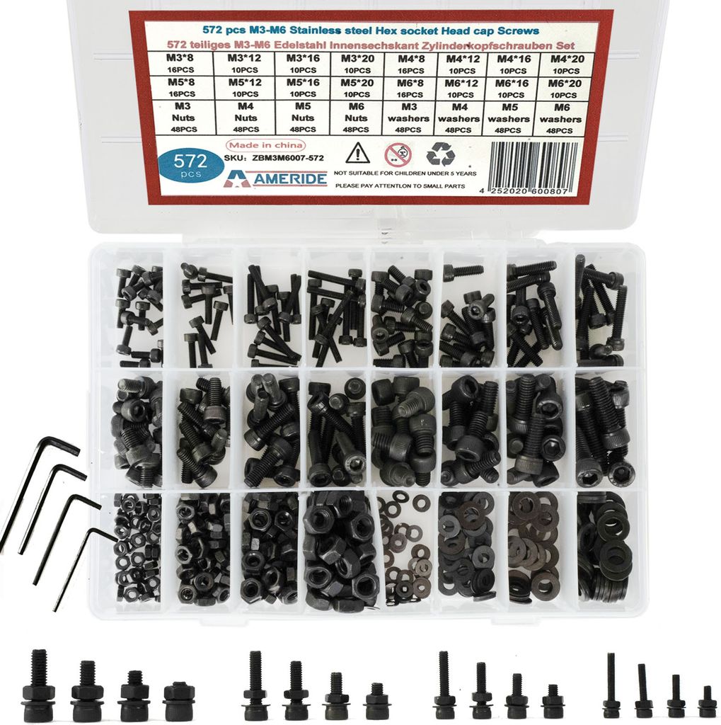 572pcs Innensechskant Zylinderschrauben M3 M4 M5 M6 Kohlenstoffstahl Schrauben Muttern Sortiment Set, Schwarz