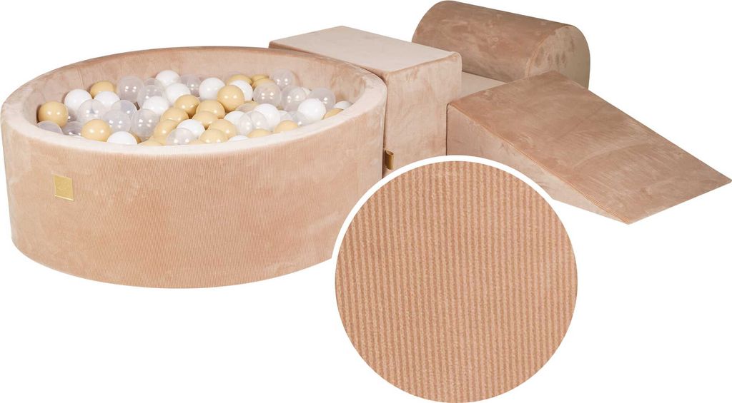 MeowBaby Schaumstoff-Spielset mit Ballpool 90x30cm/200 Bällen 7cm, Spielset für ein Kind, 4 Elemente, Cord-Cord-Velours, Sand, Bälle: Transpar...
