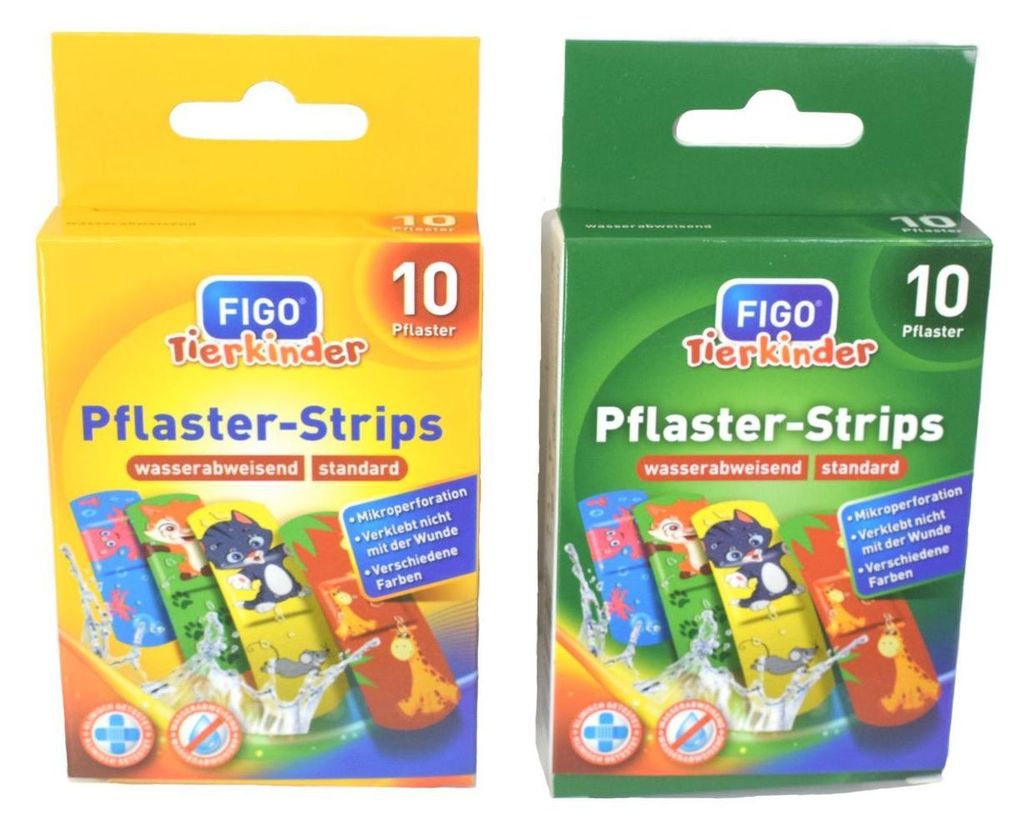 Two boxes of children's plasters, one yellow and one green, are shown side-by-side.