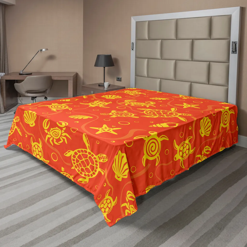 Drap de lit décoratif motif tortues 260 cm, textile soyeux orange brûlé