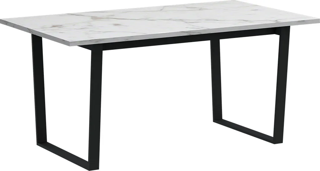 Table de repas 160cm avec plateau marbre blanc et pieds en métal noir