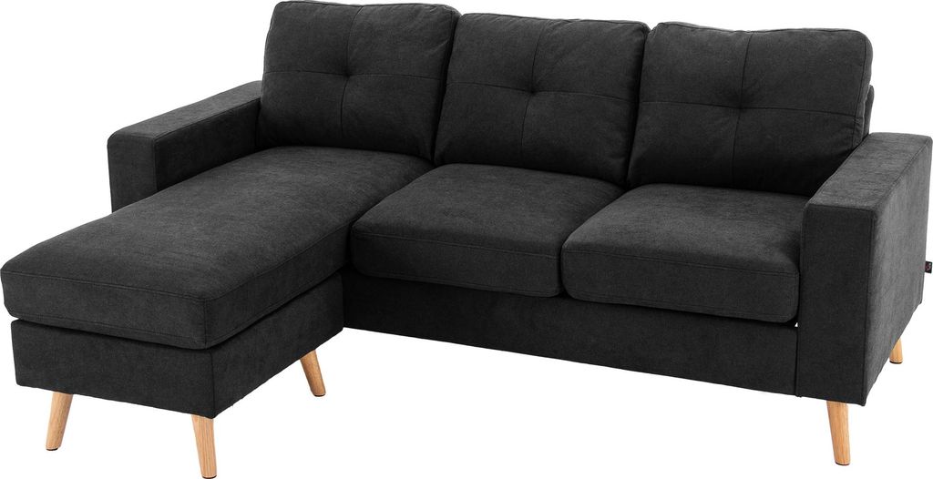 Ecksofa 3-Sitzer mit Chaiselongue, Knopfheftung, Schwarz 193x136x85 cm