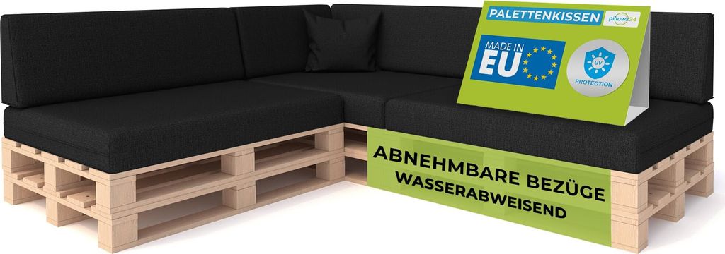 Pillows24 - Palettenkissen mit abnehmbarem Bezug - 8ER SET | Polster für Europaletten 120x80 Sofa - Wasserfest - Outdoor/Indoor | Schwarz