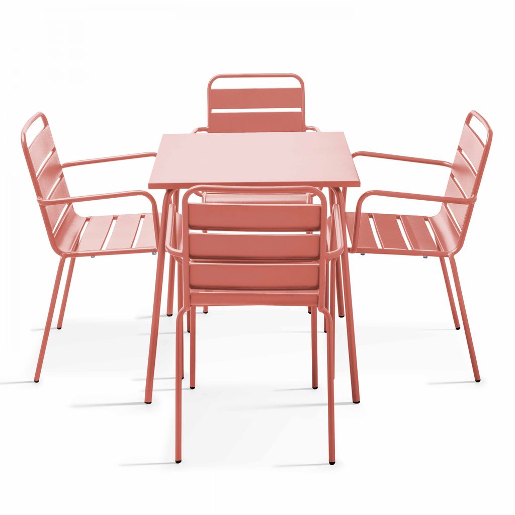 Bistrogartentisch und 4 Sessel aus pulverbeschichtetem Stahl Rosa - Oviala Palavas