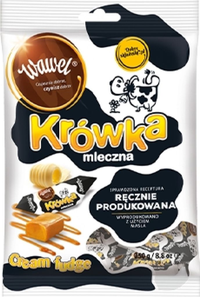 A product package for Wawel Krówka Mleczna cream fudge candies.
