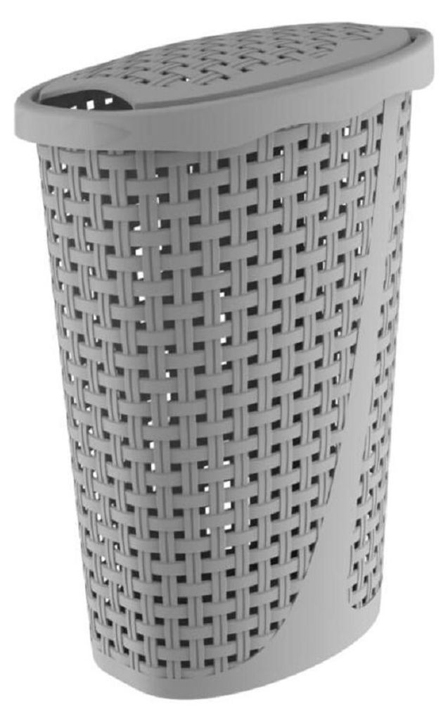 A gray laundry basket with a woven texture and a lid.