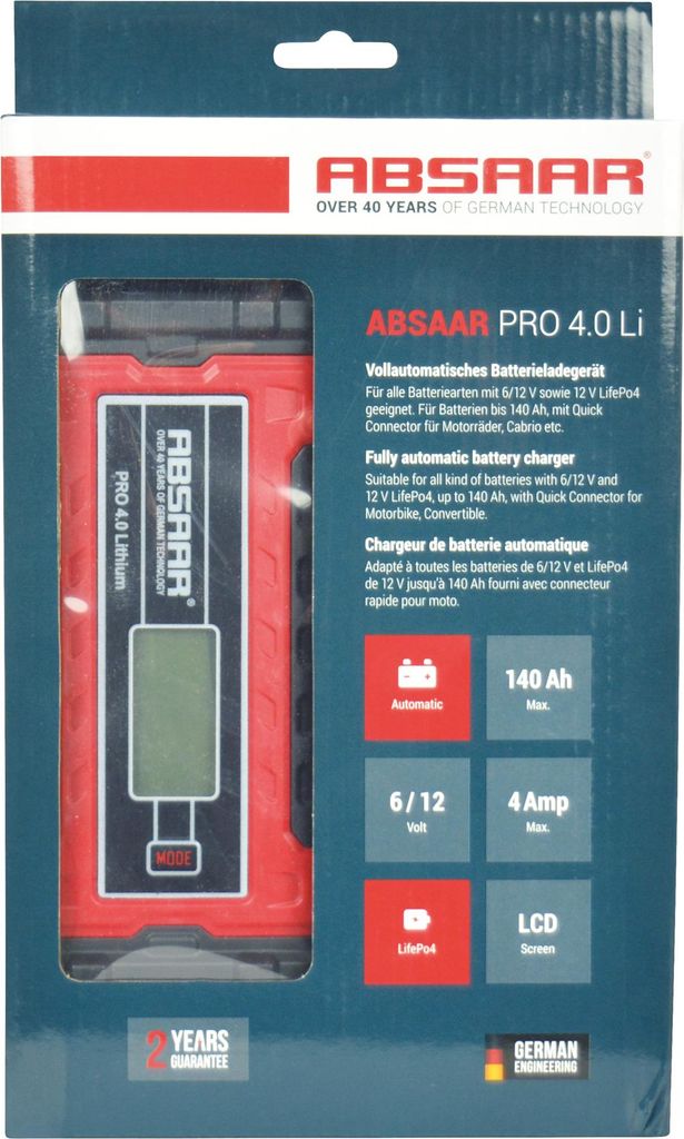 The image shows the retail packaging of a battery charger.
