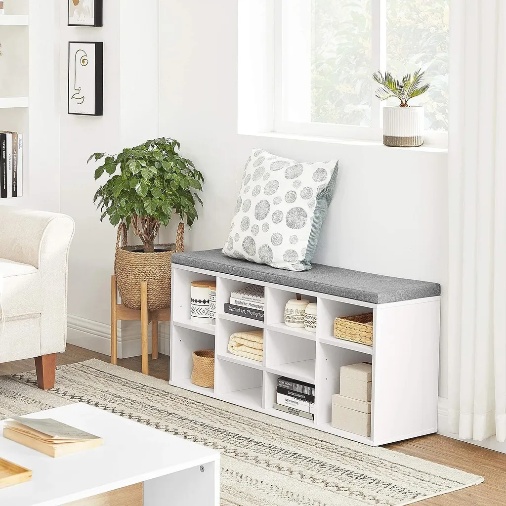 Banc de rangement chaussures 10 compartiments blanc et gris Leobert