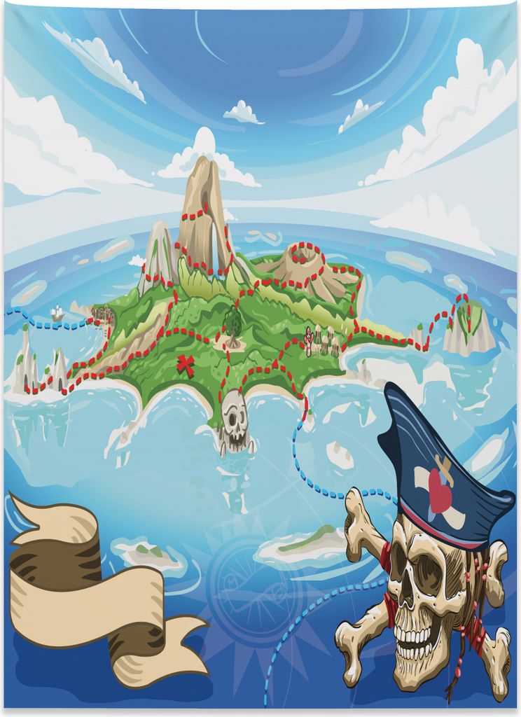 Abakuhaus Karikatur Wandteppich, Piraten-Insel-Schädel aus Weiches Mikrofaser Stoff Kein Verblassen Klare Farben Waschbar, 110 x 150 cm, Mehrfarbig