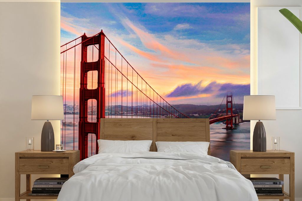 MuchoWow Fototapete für Wohnzimmer oder Schlafzimmer Wandtapete Vinyl Motivtapete Farbenfroher Sonnenuntergang über der Golden Gate Bridge in S...
