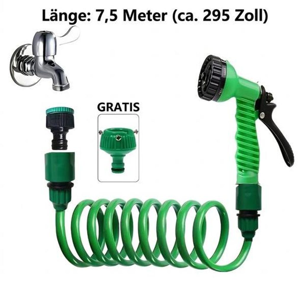 Garten-Spiralschlauch Set 7,5m inkl. 7-Stufen Multifunktions-SpritzpistoleHochdruck, Leckagesicher, für Garten, Auto, Reinigung & Outdoor, grün