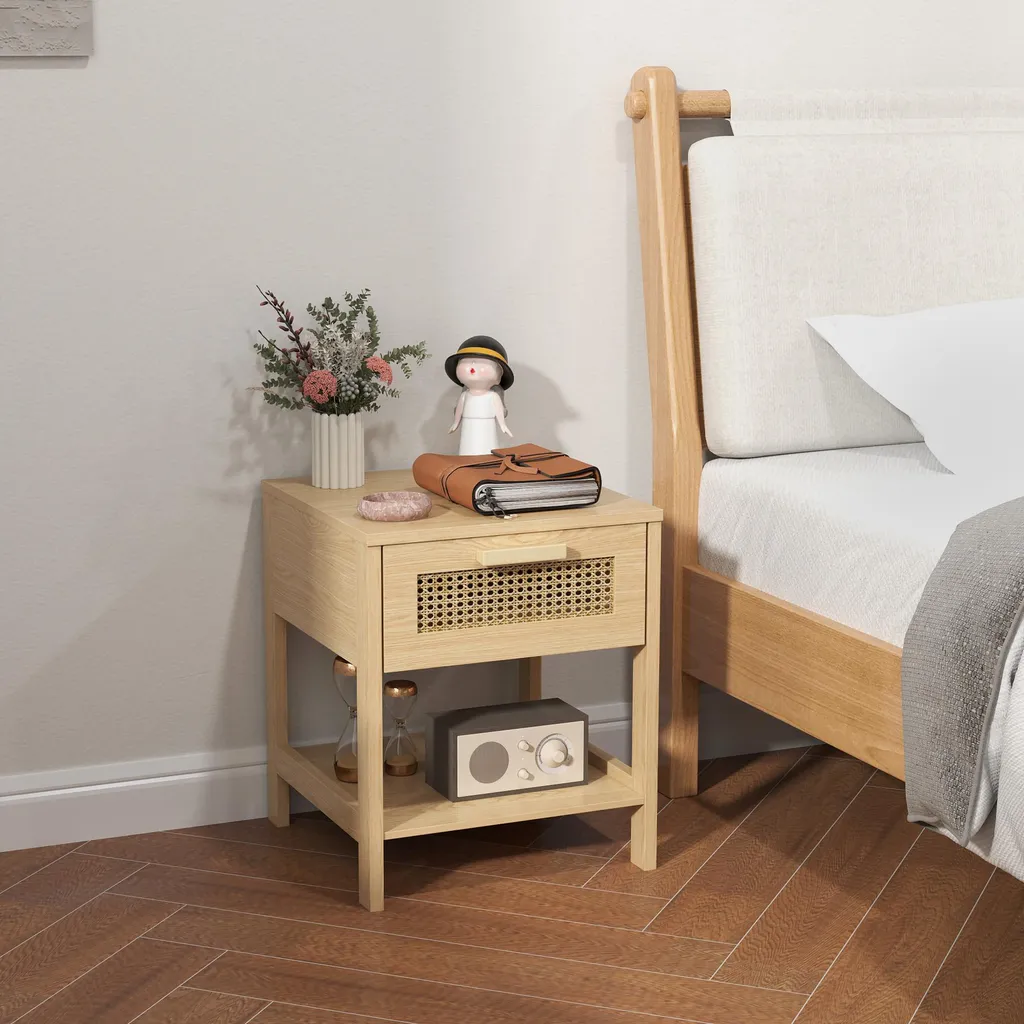 Table de chevet en bois clair, petit meuble d'appoint avec rangement