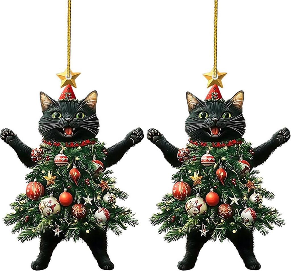 Weihnachtskatze im Weihnachtsbaum, Acryl-Hängeornament, 2D-flacher Auto-Rückspiegel-Anhänger, Weihnachtsgeschenk für Katzenliebhaber