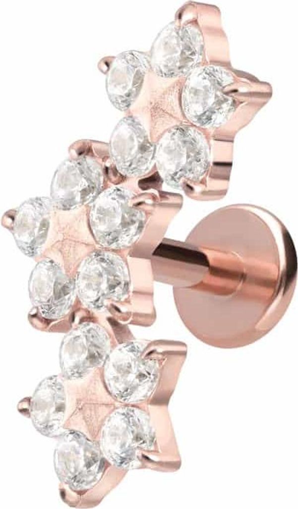 Ohrpiercing, Nasenpiercing Titan Labret mit Innengewinde 3 KRISTALLBLUMEN RoséGold Stablänge: 10mm | Stabstärke: 1,2mm