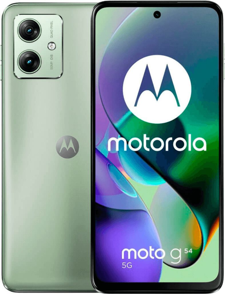 A marketing image of a Motorola Moto G54 5G smartphone, showing both the front and back of the device.