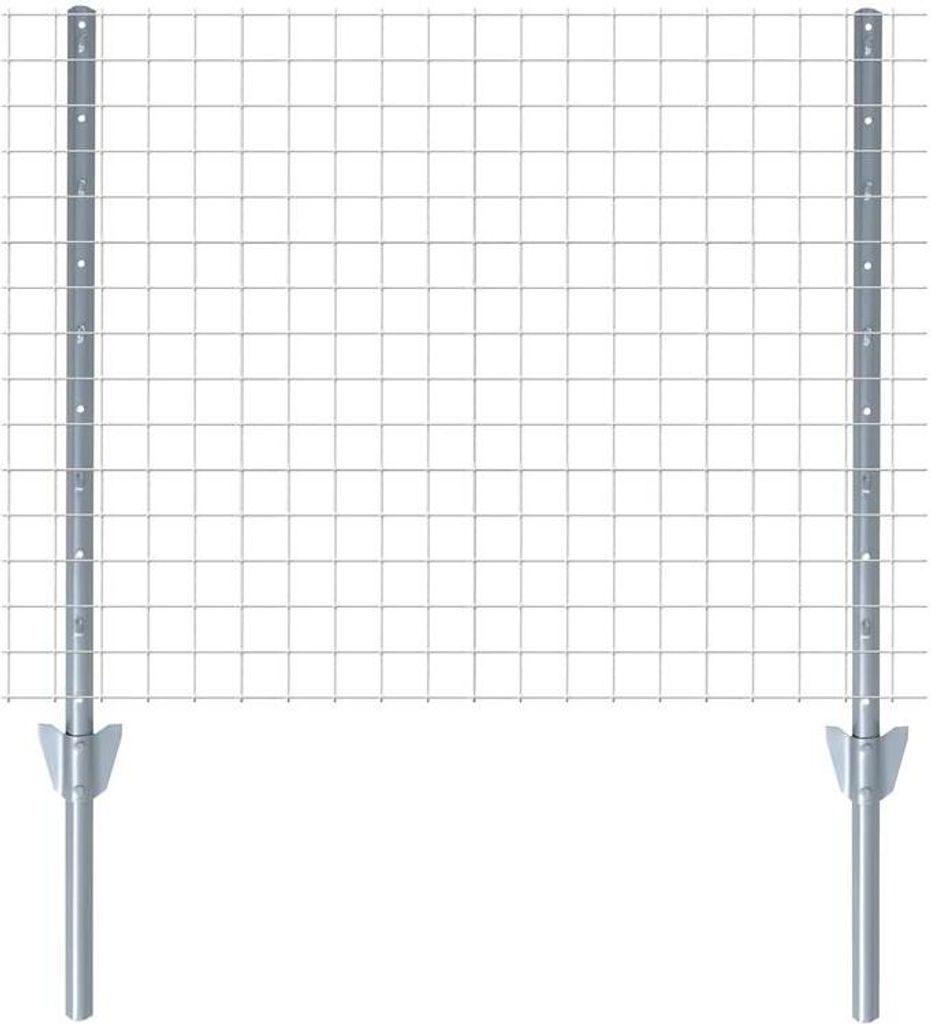A close-up, front-facing view of a wire fence section with two metal posts anchored into the ground.