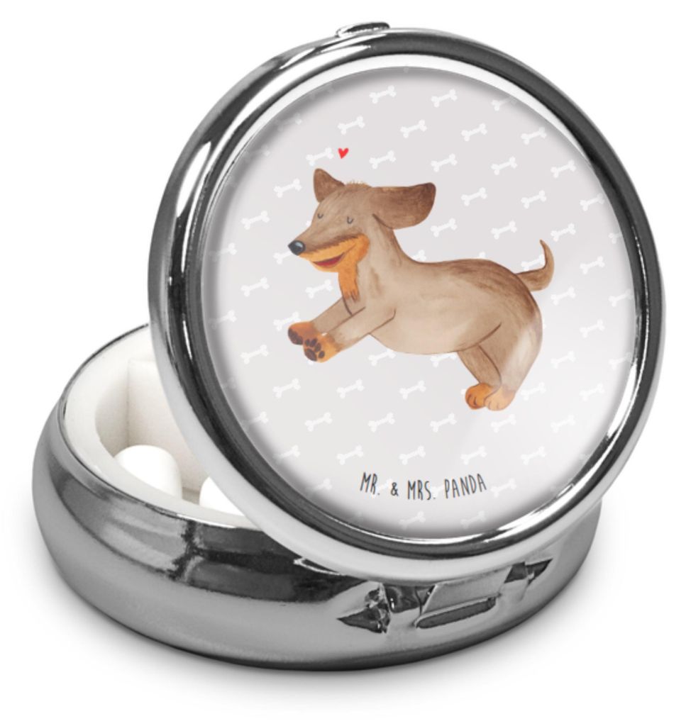 Mr. & Mrs. Panda Dose Hund Dackel - Grau Pastell - Geschenk, Pillendose, Hunde, Tablettenorganizer, Süß, Tablettenbehälter, Herz, Tablettendösc...