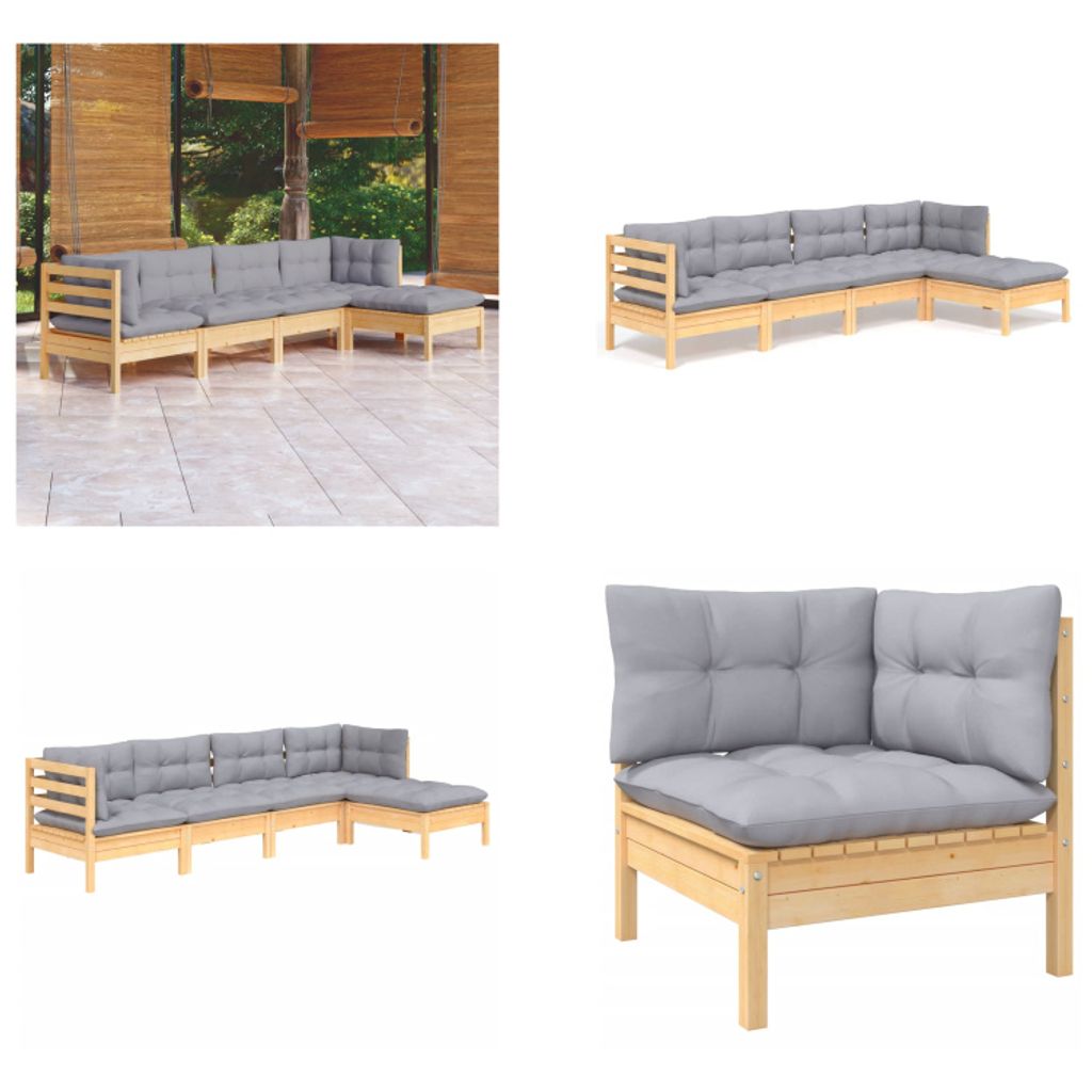 vidaXL 5 tlg. Garten Lounge Set mit Grauen Kissen Kiefernholz - Garten-Lounge-Set - Garten-Lounge-Sets - Gartenmöbel-Set - Gartenmöbel-Sets